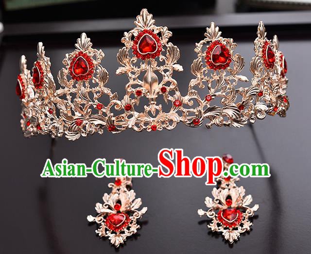 Handmade Bride Wedding Hair Accessories Red Crystal Royal Crown and Earrings for Women