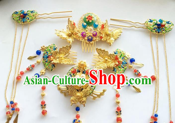 Traditional Chinese Ancient Wedding Phoenix Coronet Hair Accessories Jade Hairpins Complete Set for Women