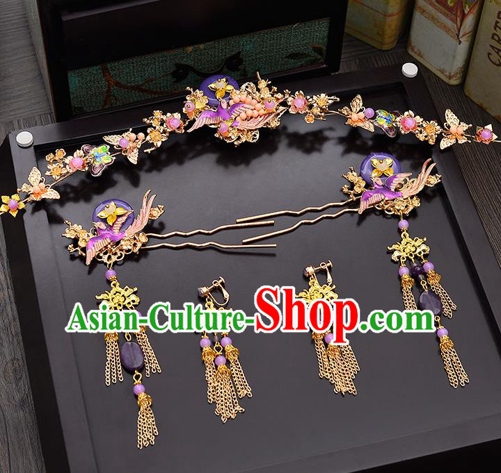 Traditional Chinese Ancient Bride Hair Accessories Xiuhe Suit Purple Phoenix Coronet Hairpins for Women