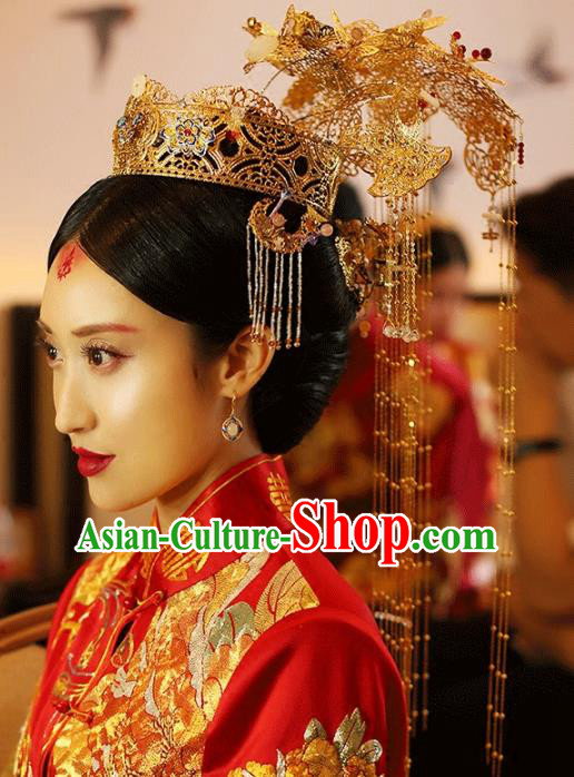 Traditional Chinese Ancient Bride Hair Accessories Xiuhe Suit Extravagant Phoenix Coronet Hairpins for Women