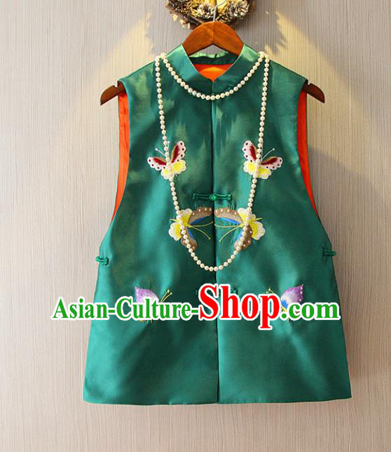 Chinese Traditional National Cheongsam Vest Tangsuit Embroidered Butterfly Green Waistcoat for Women