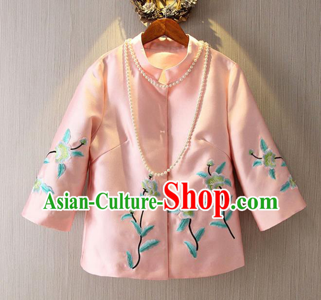 Chinese Traditional National Pink Cheongsam Jacket Tangsuit Embroidered Coats for Women