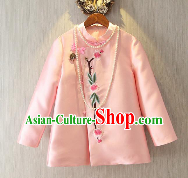 Chinese Traditional National Cheongsam Jacket Tangsuit Embroidered Pink Coats for Women