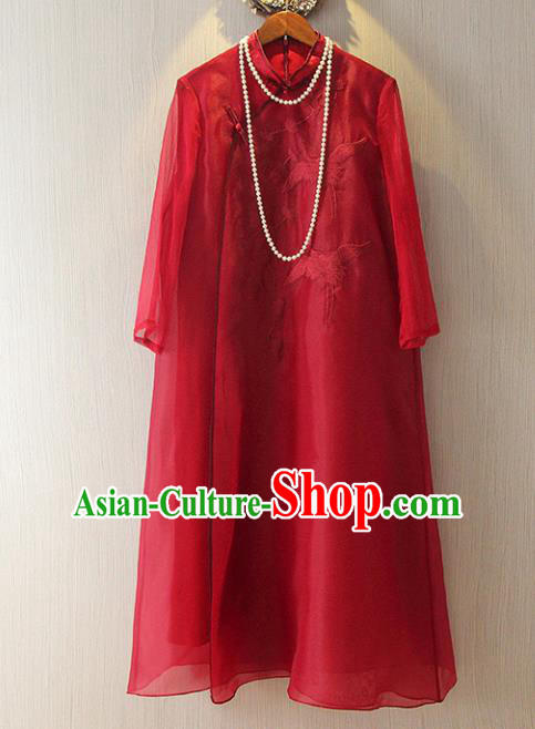 Chinese Traditional National Cheongsam Dress Tangsuit Embroidered Red Qipao for Women