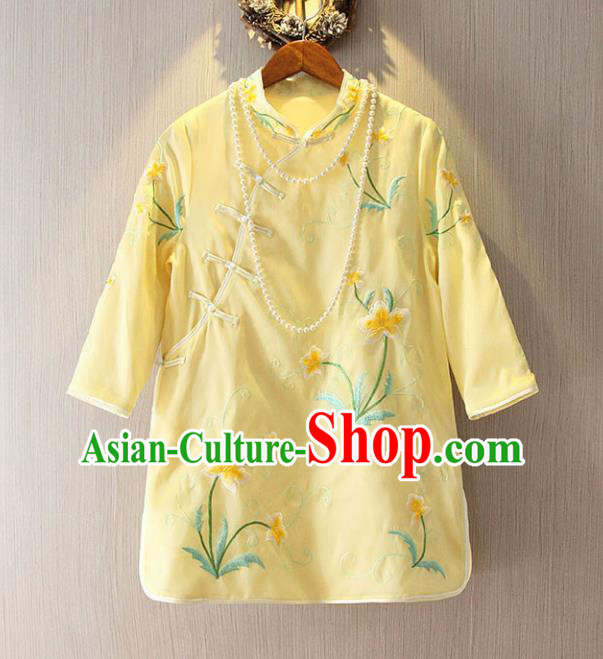 Chinese Traditional National Costume Cheongsam Blouse Tangsuit Embroidered Yellow Qipao Shirts for Women