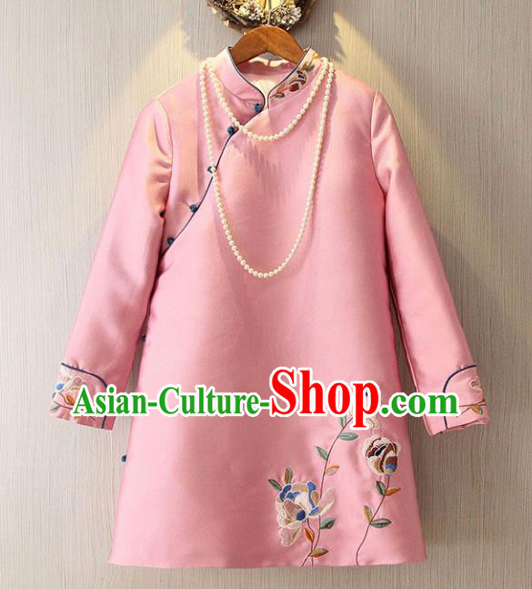 Chinese Traditional National Costume Pink Cheongsam Tangsuit Embroidered Qipao Dress for Women