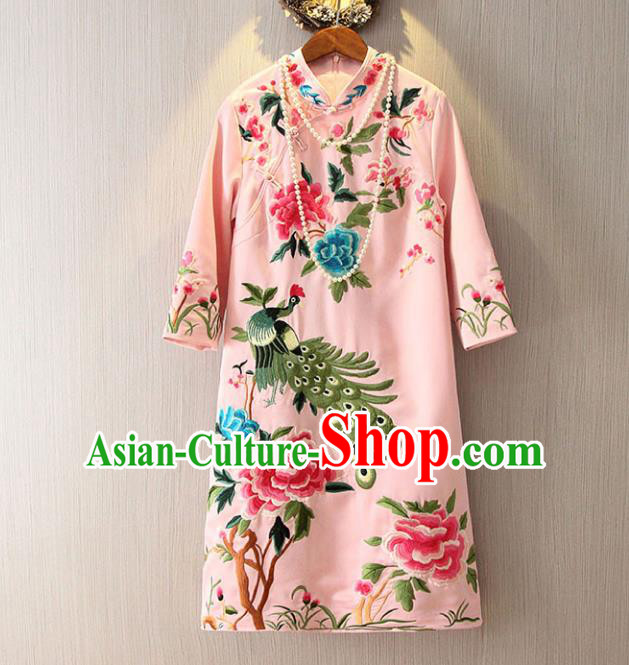 Chinese Traditional National Costume Pink Cheongsam Tangsuit Embroidered Peacock Dress for Women