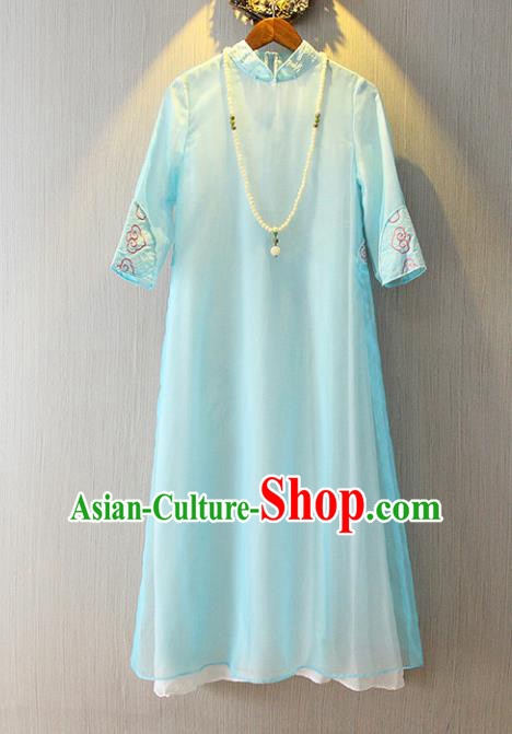 Chinese Traditional National Cheongsam Costume Tangsuit Blue Dress for Women