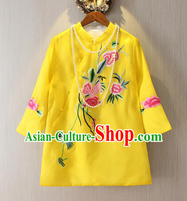 Chinese Traditional National Cheongsam Blouse Costume Embroidered Peony Tangsuit Yellow Shirts for Women