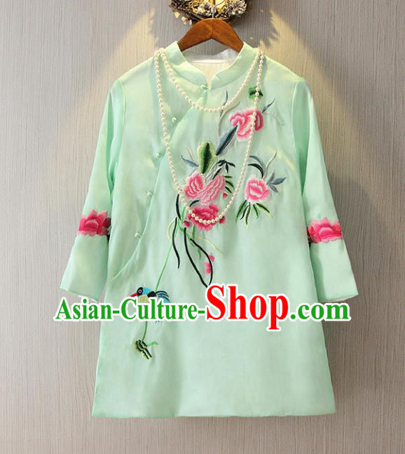Chinese Traditional National Cheongsam Blouse Costume Embroidered Peony Tangsuit Green Shirts for Women