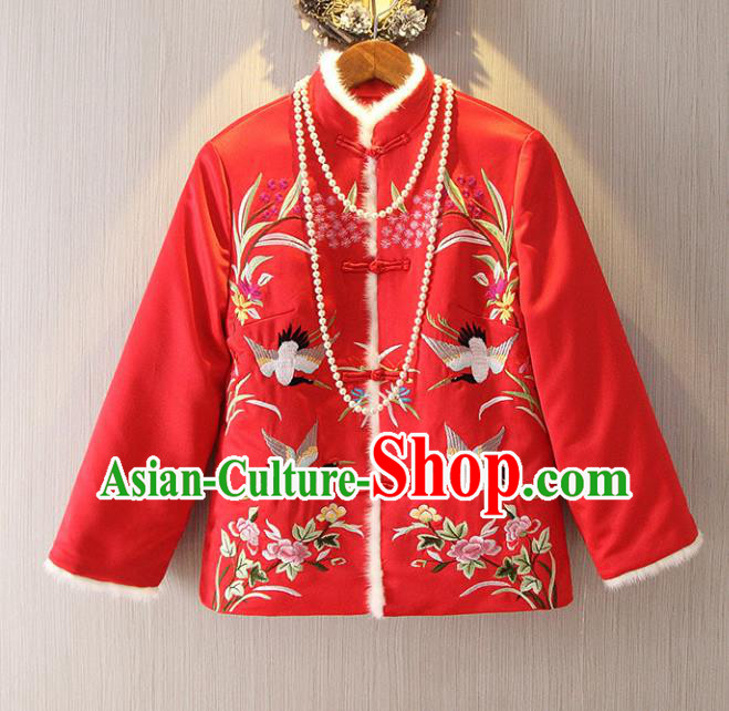 Chinese Traditional National Costume Cheongsam Cotton-padded Jacket Tangsuit Embroidered Red Coats for Women