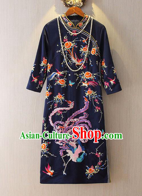 Chinese Traditional National Cheongsam Dress Tangsuit Embroidered Phoenix Navy Qipao for Women