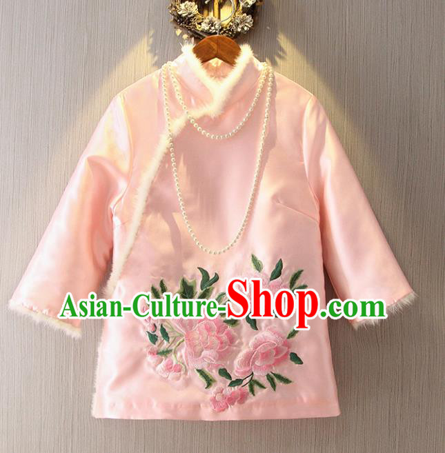 Chinese Traditional National Costume Cheongsam Blouse Tangsuit Embroidered Pink Cotton-padded Jacket for Women