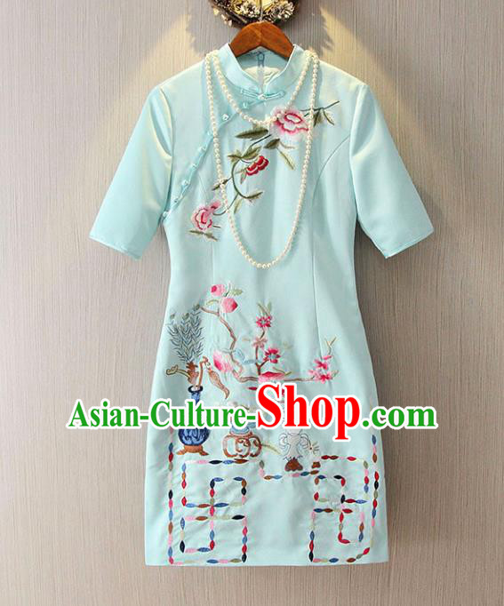 Chinese Traditional National Costume Blue Cheongsam Tangsuit Embroidered Qipao Dress for Women