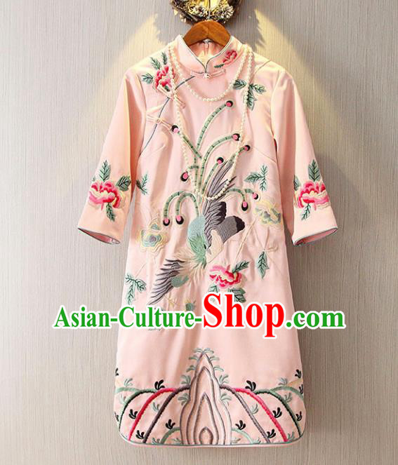 Chinese Traditional National Costume Pink Cheongsam Tangsuit Embroidered Qipao Dress for Women
