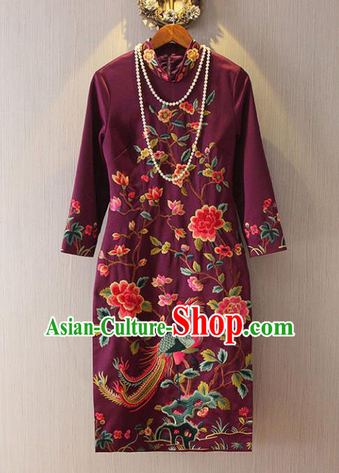 Chinese Traditional National Costume Tangsuit Amaranth Embroidered Cheongsam Dress for Women