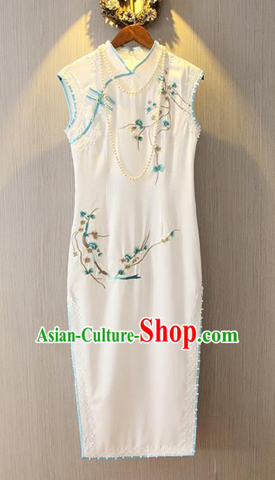 Chinese Traditional National Costume White Qipao Tangsuit Embroidered Cheongsam Dress for Women