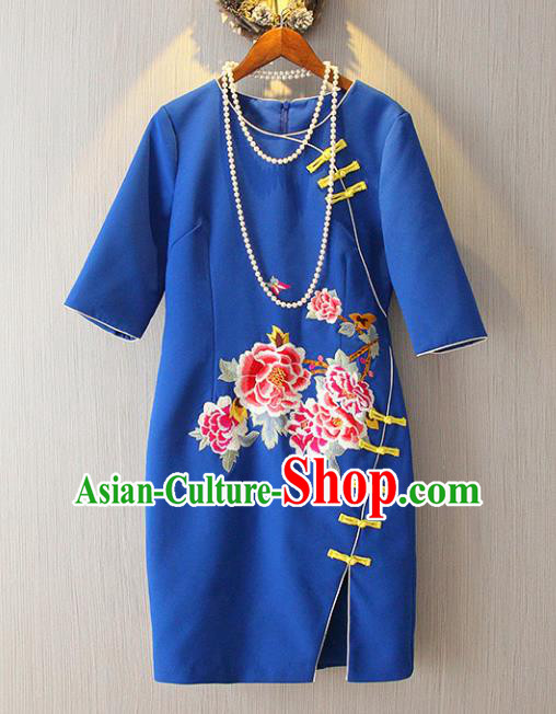 Chinese Traditional National Costume Blue Cheongsam Tangsuit Embroidered Peony Qipao Dress for Women