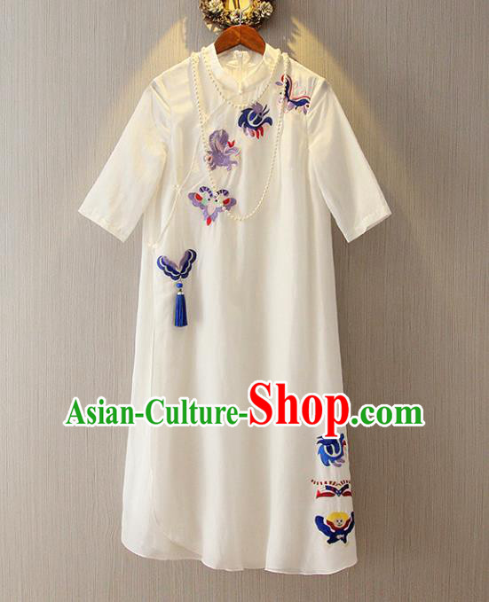 Chinese Traditional National Costume White Qipao Tangsuit Embroidered Butterfly Cheongsam Dress for Women