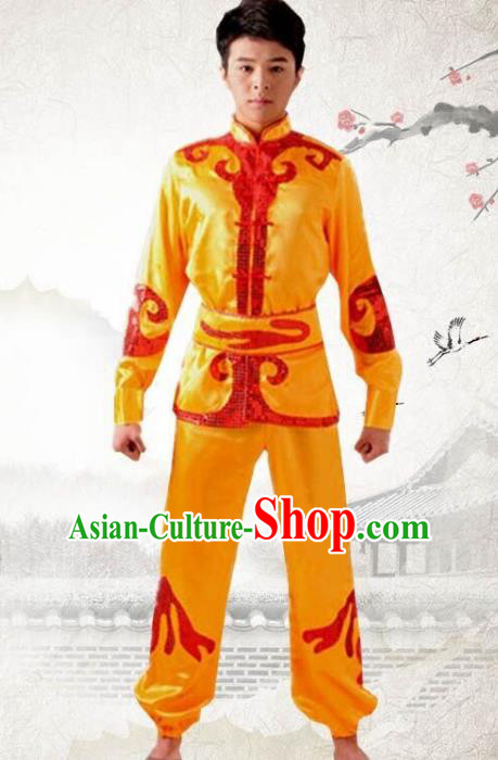 Traditional Chinese Yangge Dance Fan Dance Costume, Folk Drum Dance Dragon Boat Yellow Uniform Yangko Clothing for Men