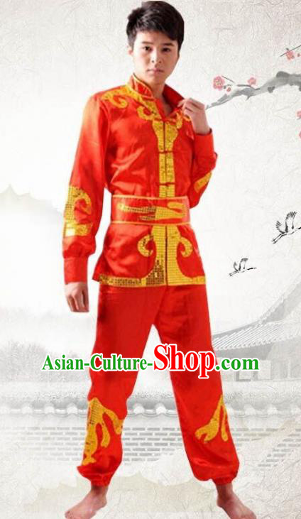 Traditional Chinese Yangge Dance Fan Dance Costume, Folk Drum Dance Dragon Boat Red Uniform Yangko Clothing for Men