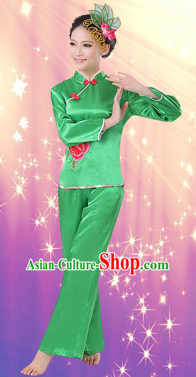Chinese Traditional Fan Dance Costume, China Folk Dance Green Uniform Yangko Clothing for Women