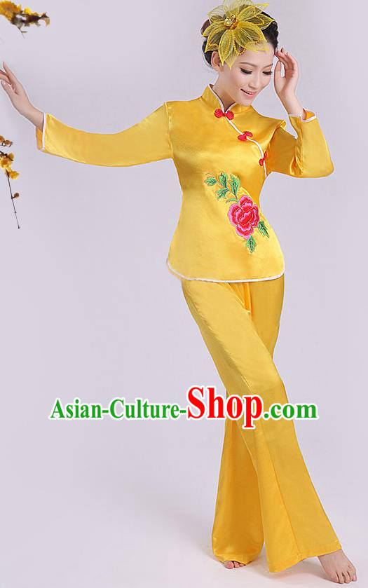 Chinese Traditional Fan Dance Costume, China Folk Dance Yellow Uniform Yangko Clothing for Women