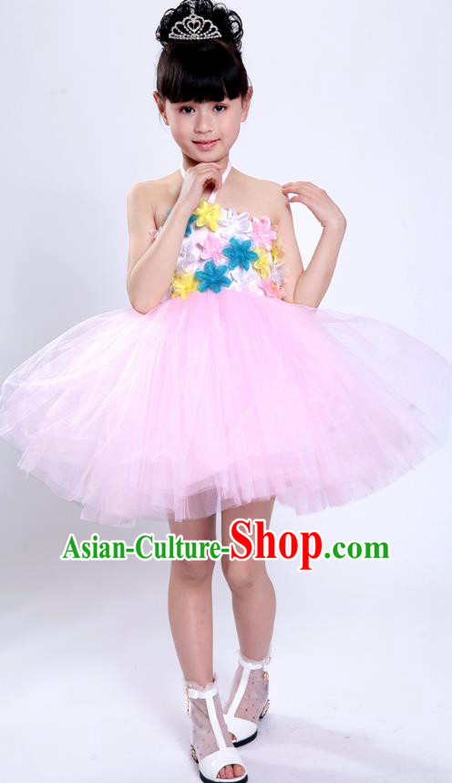 Chinese Classical Stage Performance Modern Dance Costume, Children Dance Pink Bubble Dress for Kids