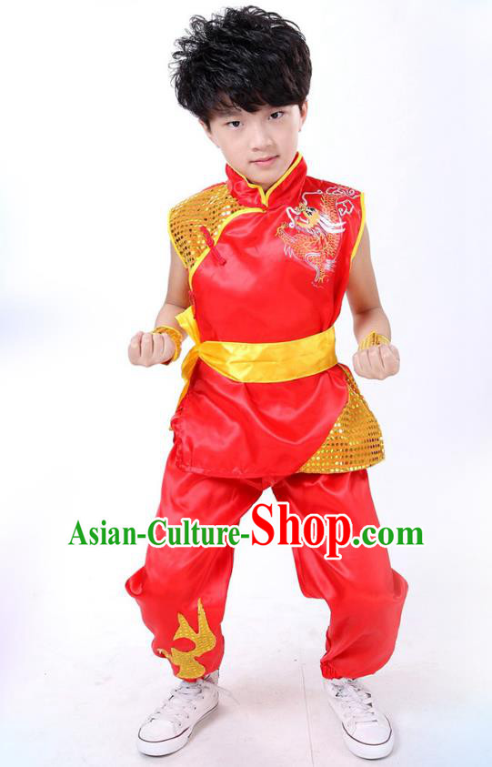Traditional Chinese Yangge Dance Costume, Folk Dance Lion Dance Short Sleeve Red Uniform Yangko Clothing for Kids