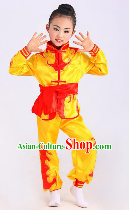 Traditional Chinese Martial Arts Costume, Folk Dance Waist Drum Dance Yellow Uniform Yangko Clothing for Kids