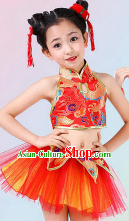 Traditional Chinese Yangge Dance Costume, Folk Dance Red Uniform Yangko Clothing for Kids