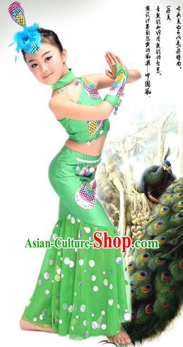 Traditional Chinese Ethnic Nationality Pavane Costume, Chinese Peacock Dance Green Clothing for Kids