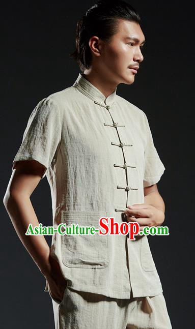 Chinese Kung Fu Costume Martial Arts Plated Buttons Beige Shirts Gongfu Wushu Tang SuitsTai Chi Clothing for Men