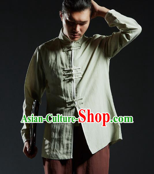 Chinese Kung Fu Costume Plated Buttons Green Linen Shirts Martial Arts Gongfu Wushu Tang SuitsTai Chi Clothing for Men