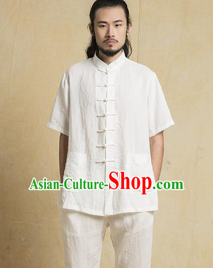 Chinese Kung Fu Costume Plated Buttons White Linen Suits Martial Arts Gongfu Wushu Tang Suits Tai Chi Clothing for Men