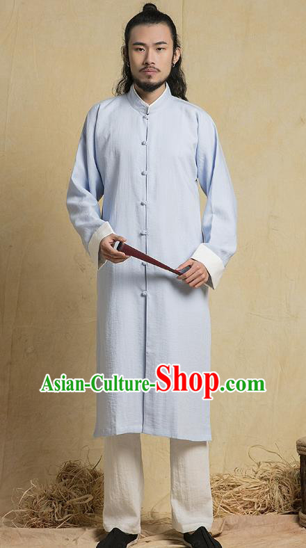 Chinese Kung Fu Costume Plated Buttons Blue Gown Martial Arts Gongfu Wushu Tang Suits Tai Chi Clothing for Men