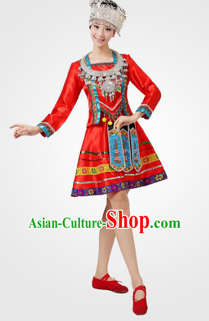 Traditional Chinese Ethnic Costume Chinese Miao Minority Nationality Dance Red Dress for Women