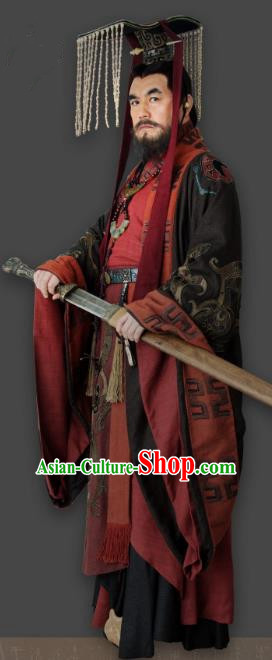 Chinese Ancient First Emperor Qin Dynasty Monarch Replica Costume and Headpiece Complete Set for Men
