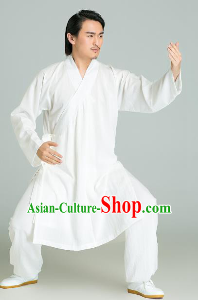 Top Grade Linen Kung Fu Costume White Long Robe Martial Arts Training Gongfu Wushu Tang Suit Clothing for Men