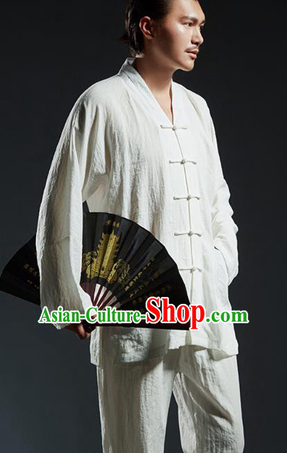 Chinese Kung Fu Martial Arts White Suits Gongfu Tang Suits Costume Wushu Tai Chi Clothing for Men