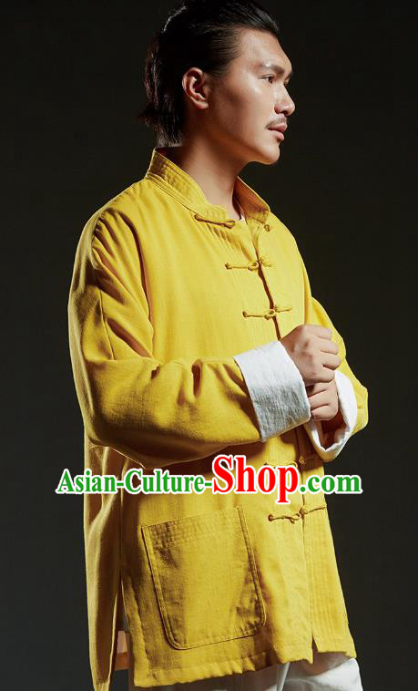 Chinese Kung Fu Martial Arts Gongfu Costume Yellow Tang Suit Coats Wushu Tai Chi Clothing for Men