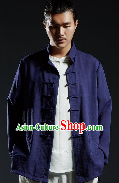 Chinese Kung Fu Shirts Martial Arts Navy Linen Jacket Gongfu Costume Wushu Tai Chi Clothing for Men