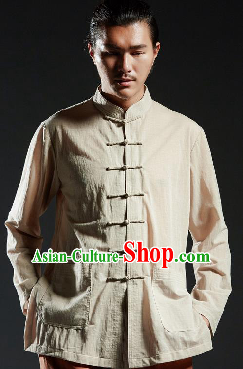 Chinese Kung Fu Shirts Martial Arts Khaki Linen Jacket Gongfu Costume Wushu Tai Chi Clothing for Men
