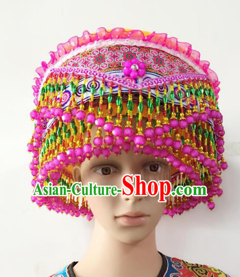 Traditional Chinese Yi Nationality Dance Hair Accessories Pink Beads Tassel Hats Hmong Ethnic Minority Headwear for Women