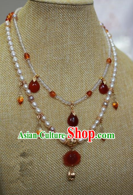 Traditional Chinese Ancient Handmade Pearls Necklet Hanfu Agate Lotus Necklace for Women