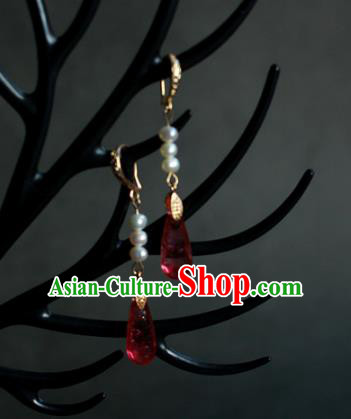 Traditional Chinese Ancient Handmade Hanfu Red Crystal Earrings Eardrop for Women