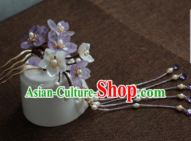 Traditional Chinese Ancient Hair Accessories Handmade Purple Flowers Tassel Hair Clip Hanfu Hairpins for Women