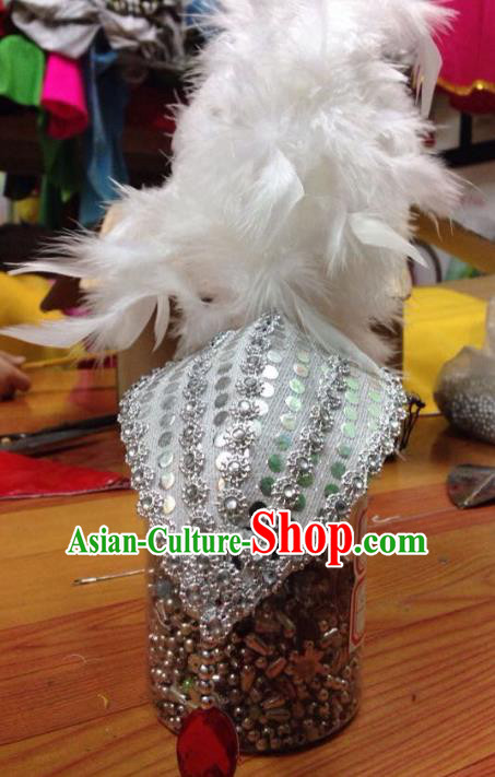 Chinese Traditional Folk Dance Hair Accessories Yangko White Feather Headwear for Women