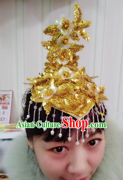 Chinese Traditional Folk Dance Hair Accessories Classical Yangko Dance Golden Sequins Headwear for Women