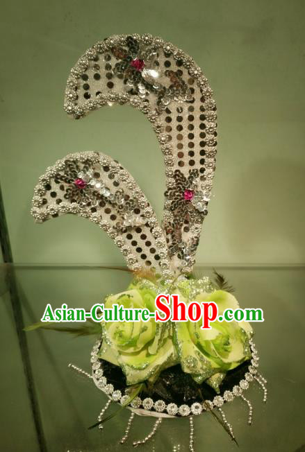 Chinese Classical Dance Green Flowers Hair Accessories Traditional Folk Dance Headwear for Kids